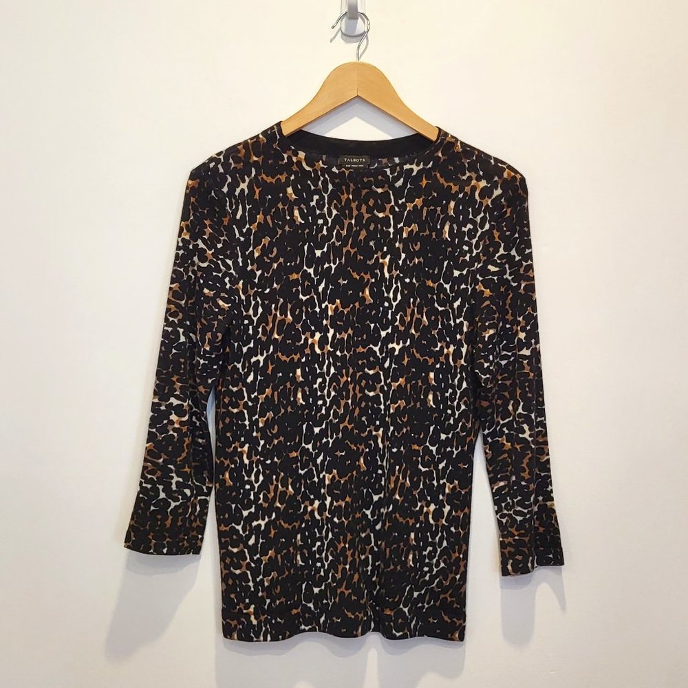 Talbots Black Leopard Print Merino Wool Crewneck Sweater, Size Small, EUC